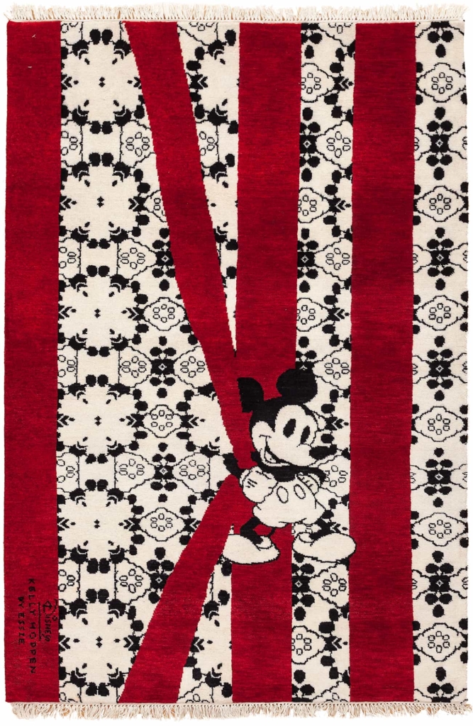 Central Mickey Holding Red Vertical Blinds Rug at Essie Carpets, Mayfair London