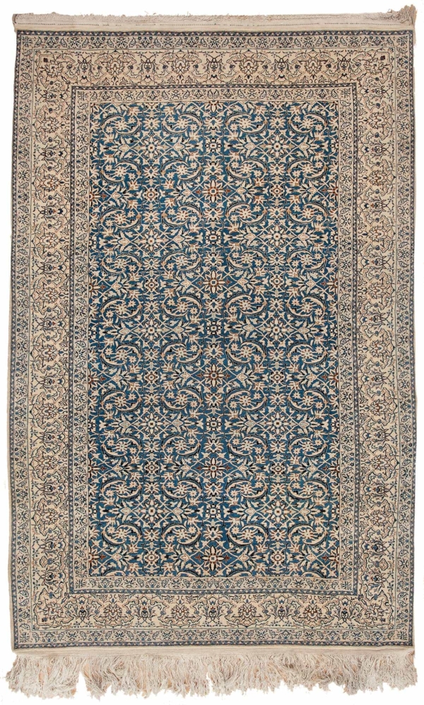 Fine Old Tudeshk Nain Rug Approx 2.5x1.5m (8x5ft) Allover Herati Motif design Kork Wool (Cashmere) and Silk Pile Light complexion Ivory accent and border on Blue base