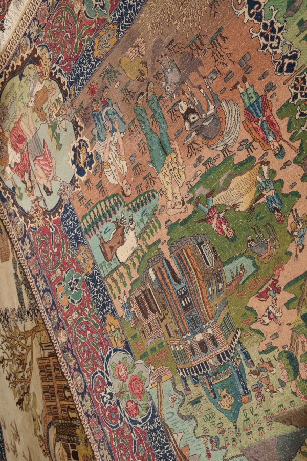 Impressive and Rare, 'Four Seasons' Pictorial Tabriz signed by the designer and the Weaver. The 12 Zodiac signs are shown in  the centre. Carpet at Essie Carpets, Mayfair London