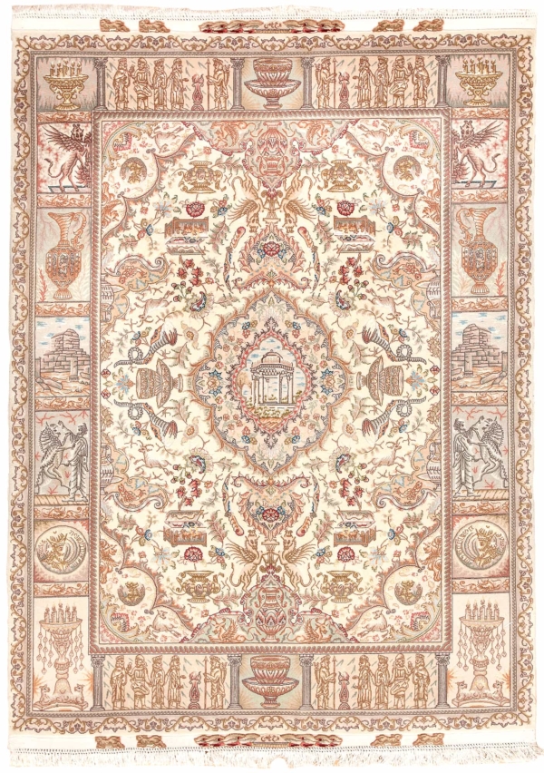 Extremely Fine Signed Persian Tabriz, Pictorial Royalty and Iranian Artifacts Rug at Essie Carpets, Mayfair London