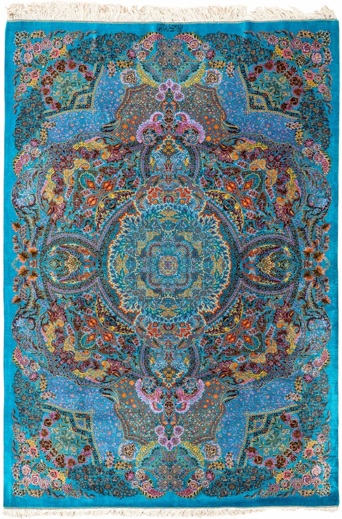 Very Fine Signed Persian Qum Silk Carpet Rug at Essie Carpets, Mayfair London