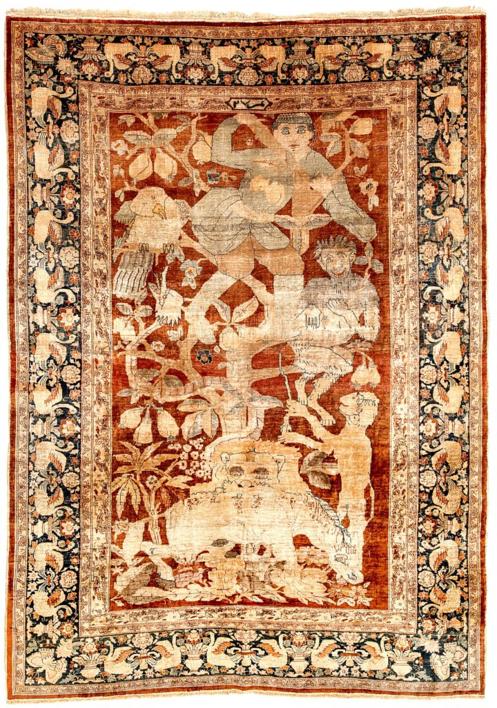 Extremely Fine, Antique, Signed Persian Heriz Monkeys Lion and Man in Tree Rug at Essie Carpets, Mayfair London