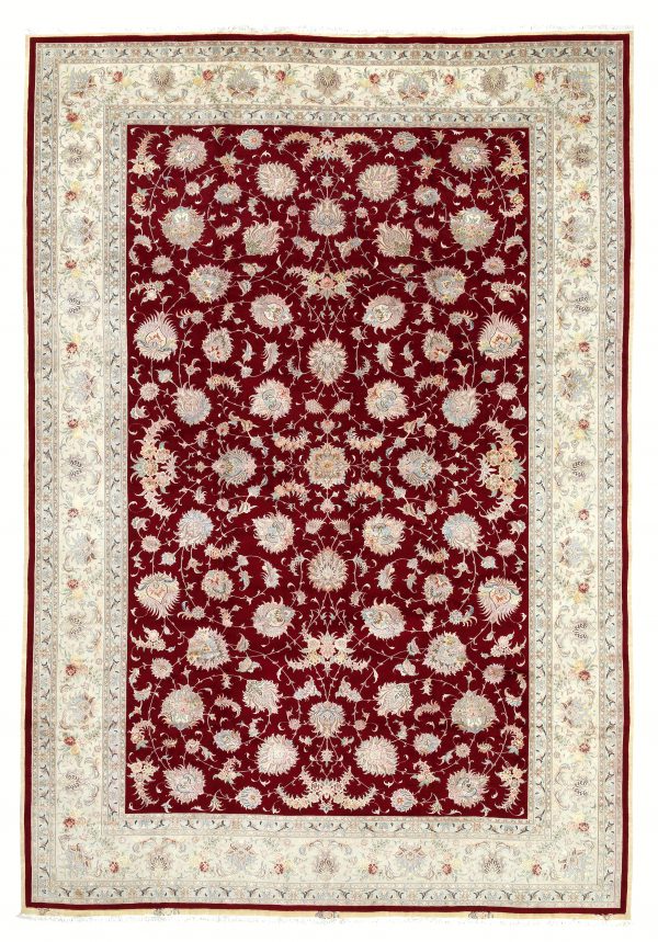 Fine Persian Tabriz Large Carpet - Oversize - Allover design - Silk and Wool - Neutral complexion on red base accented by pink, ivory and yellow