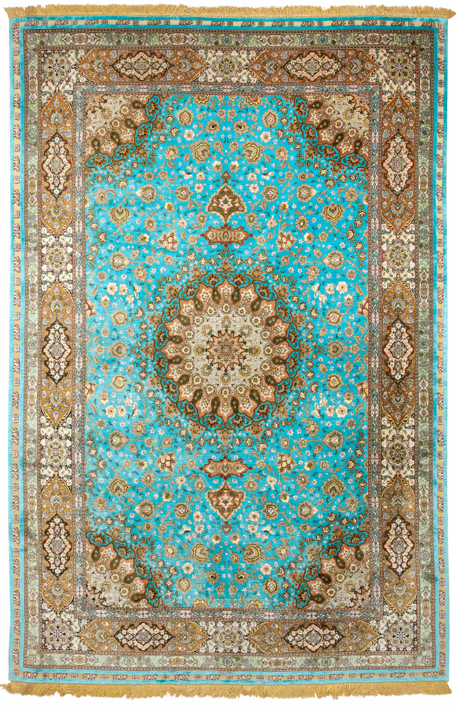 Persian Qum Fine Carpet - Silk and Wool - Central Medallion - Light colour complexion with turquoise blue base accented by light brown