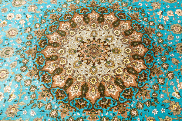 Persian Tabriz Fine Carpet - Silk on Silk - Central Medallion - Light colour complexion with turquoise blue base accented by light brown