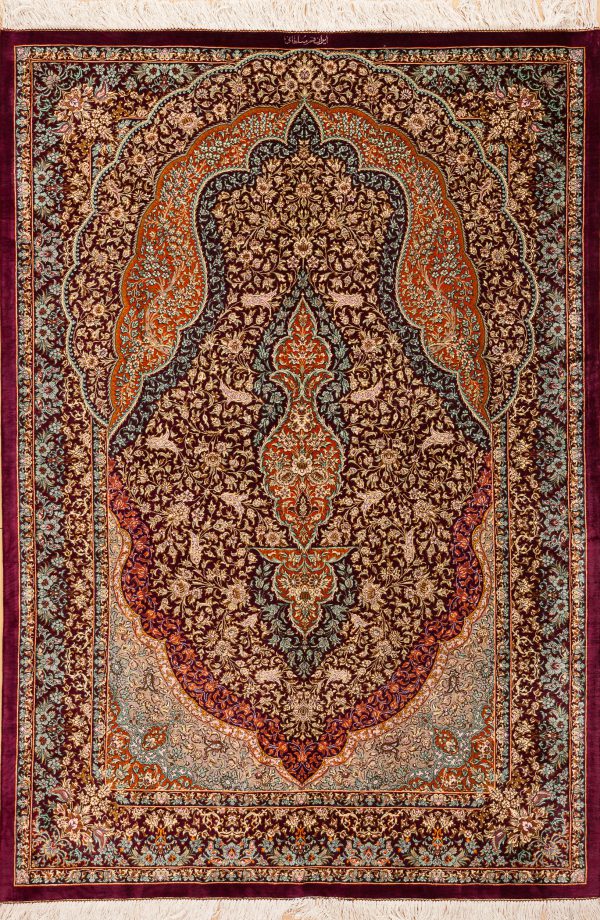 Persian Qum Pure Silk - Fine Mihrab Rug with floral motif Approx 2x1.5m (6x4ft) Intricately detailed with bright motifs on red base