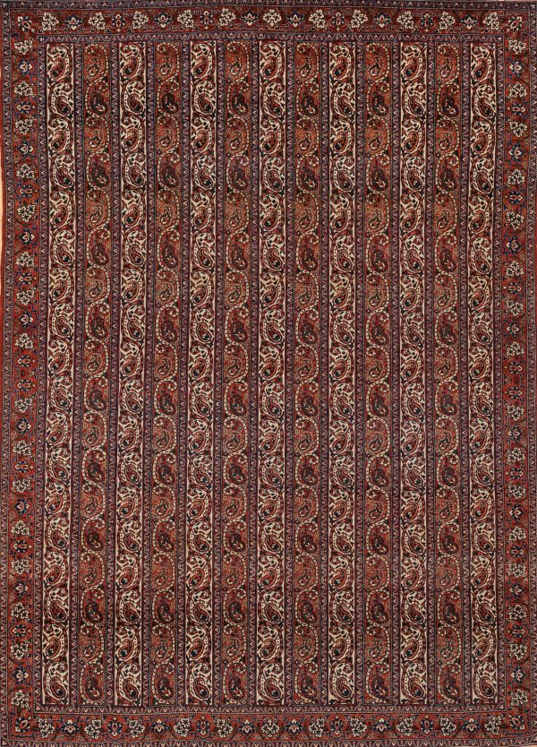 Fine Persian Isfahan Rug - Striped with Paisley motif Approx 2x1.5m (7x5ft) Neutral complexion on red base with blue and white accents