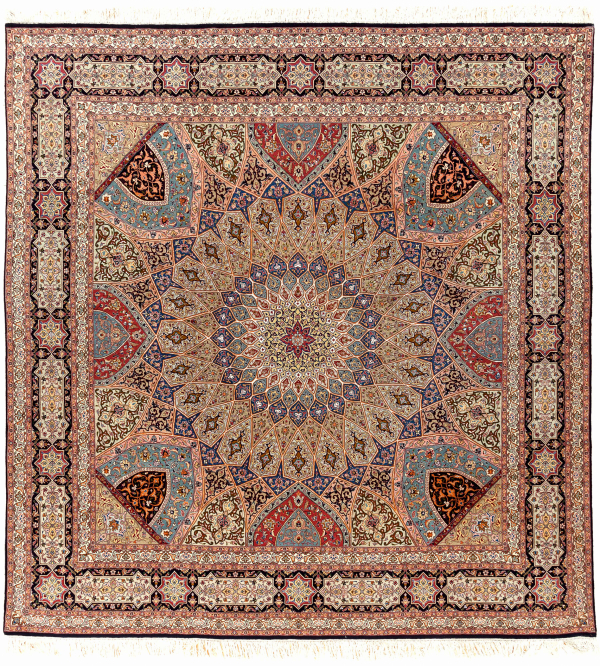 Persian Tabriz Square Carpet - Fine Silk and Wool - Dome (Gonbad) Design