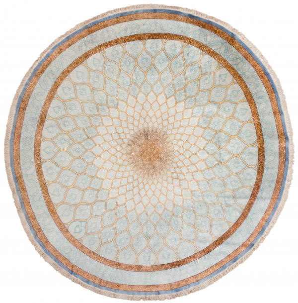 Persian Qum Round Rug - Fine Pure Silk - Approx Diameter 2.5m (8ft) Dome (Gonbad) design. Light complexion with yellow accents on blue base