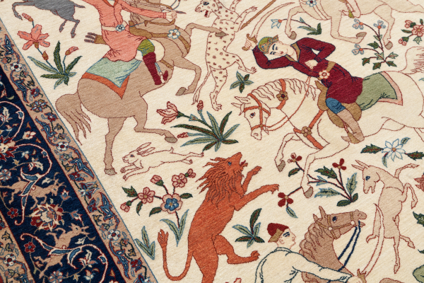 Signed Persian Isfahan Hunting Pictorial Rug - Fine Pure Silk - Approx 1.5x1m (5x4ft)