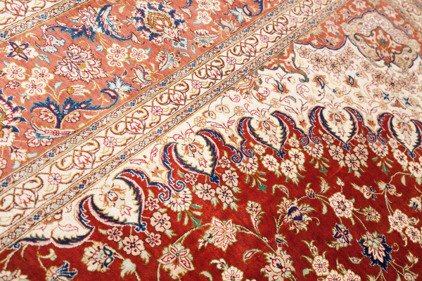 Signed Persian Qum Rug - Pure Silk - Central Medallion - Red Field