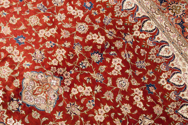 Signed Persian Qum Rug - Pure Silk - Central Medallion - Red Field