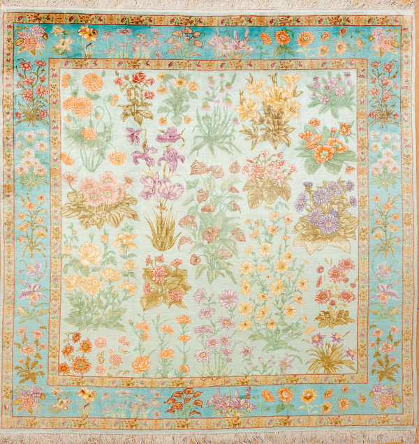 Signed Persian Tabriz Square Carpet - Pure Silk - Allover Design - Floral