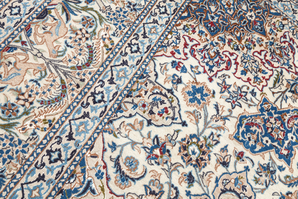 Fine Persian Nain Silk and Wool Carpet Central Medallion Approx 4x2.5m (13x8ft) Neutral complexion with interplay of rich blue and pink tones on ivory base