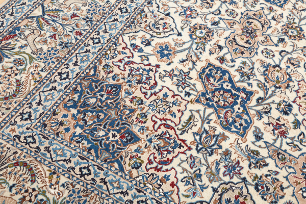 Fine Persian Nain Silk and Wool Carpet Central Medallion Approx 4x2.5m (13x8ft) Neutral complexion with interplay of rich blue and pink tones on ivory base