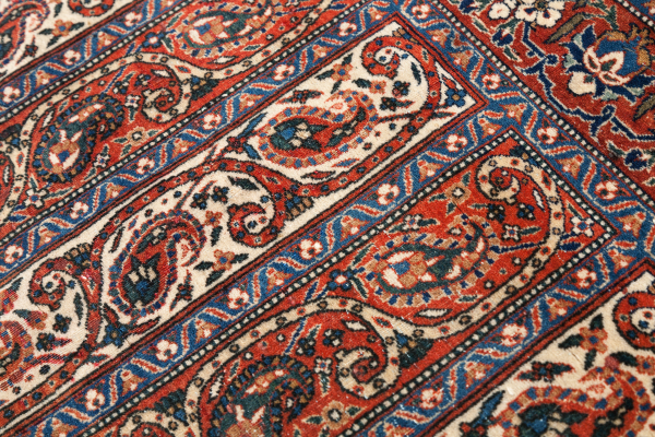 Fine Persian Isfahan Rug - Striped with Paisley motif Approx 2x1.5m (7x5ft) Neutral complexion on red base with blue and white accents
