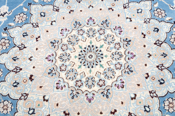 Persian Nain Fine Silk and Wool Carpet - Ivory Central Medallion - Handwoven in Iran Approx 3x2m (10x7ft) Light complexion on blue base