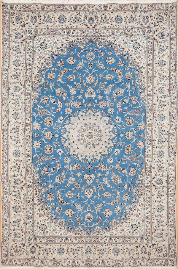 Persian Nain Fine Silk and Wool Carpet - Ivory Central Medallion - Handwoven in Iran Approx 3x2m (10x7ft) Light complexion on blue base