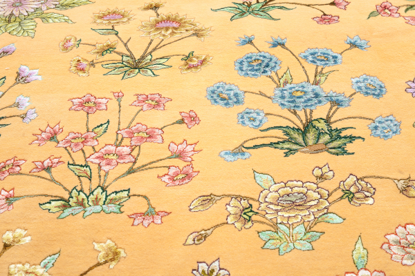Persian Tabriz Floral Carpet with allover design and motif throughout. Handwoven in Iran from fine silk and wool. Approx Standard Area Size (10x8ft) Colours: Light complexion in Yellow.