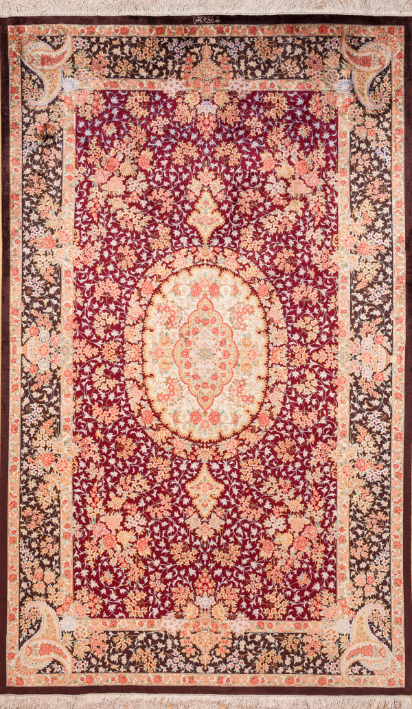 Persian Qum Fine Silk Signed Central Medallion Rug Approx 2.5x1.5m (8x5ft) Neutral complexion with intricate floral motif on red base