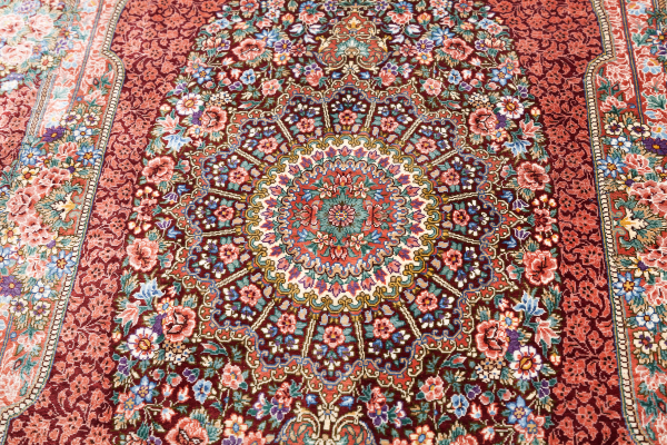 Persian Qum Pure Silk Quad Medallion Rug with intricate floral motif Approx 2.5x1.5m (8ftx6ft) Neutral complexion on red base