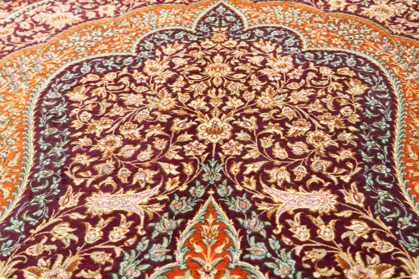 Persian Qum Pure Silk - Fine Mihrab Rug with floral motif Approx 2x1.5m (6x4ft) Intricately detailed with bright motifs on red base