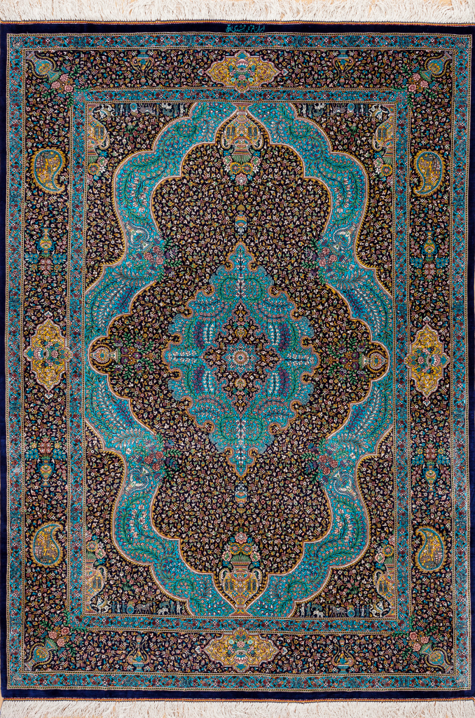 Persian Qum Pure Silk Fine Rug - Central Medallion with Vase motif - Approx 2x1.5m (6x4ft) Colours: neutral complexion on blue base