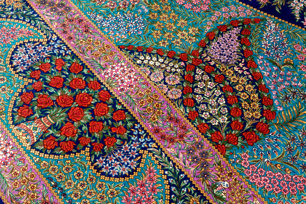 Persian Qum Fine Carpet - Pure Silk - Millefleurs (Thousand Flowers) Central Medallion - Floral cornucopia on blue base