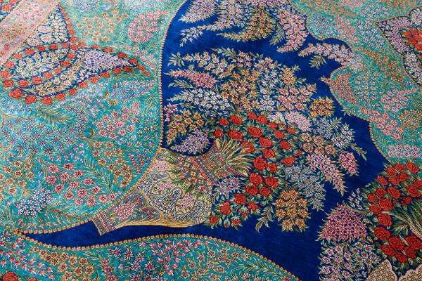 Persian Qum Fine Carpet - Pure Silk - Millefleurs (Thousand Flowers) Central Medallion - Floral cornucopia on blue base