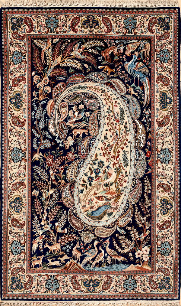 Fine Persian Isfahan Rug - Silk and Wool - Elaborate Paisley (Boteh) and Tree of Life design - Neutral complexion on navy base