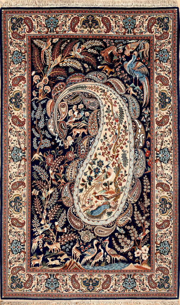 Fine Persian Isfahan Rug - Silk and Wool - Elaborate Boteh and Tree of Life design - Neutral complexion on navy base