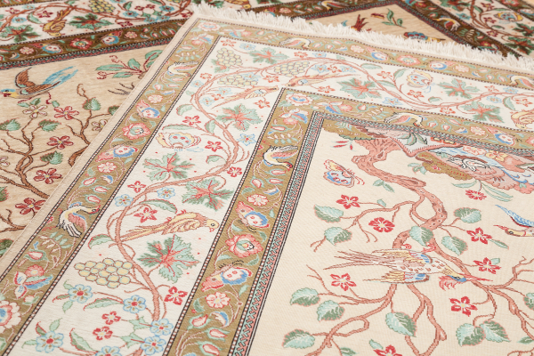 Fine Pure Silk Persian Qum Rug - Signed - Tree of Life motifs - Light complexion on ivory base with colourful detailing