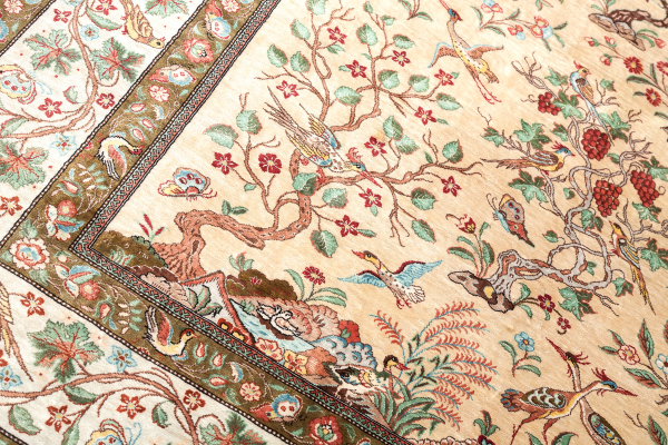 Fine Pure Silk Persian Qum Rug - Signed - Tree of Life motifs - Light complexion on ivory base with colourful detailing