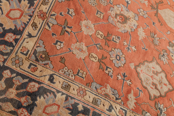 Fine Ushak Oversize Carpet - Wool - Neutral complexion on orange base with navy border and ivory accents