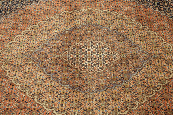 Persian Tabriz Silk and Wool Carpet - Central Medallion - Mahi Design - Neutral complexion with navy base and pink and yellow accent