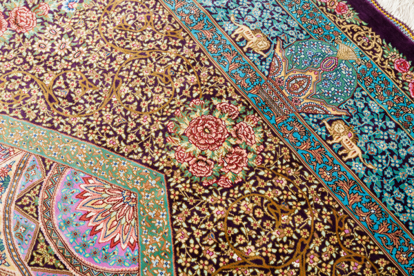 Pure Silk Persian Qum Mihrab Rug - Signed - Millefleurs - Approx 2x1.5m (7x4ft) - Neutral colour complexion with bright colours emphasising floral bouqet