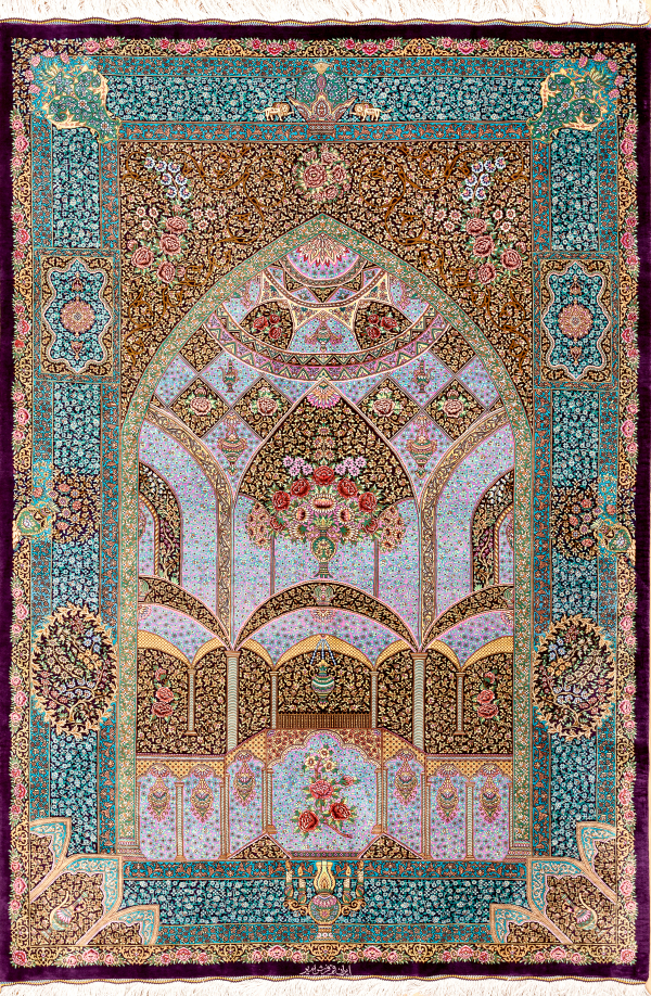 Pure Silk Persian Qum Mihrab Rug - Signed - Millefleurs - Approx 2x1.5m (7x4ft) - Neutral colour complexion with bright colours emphasising floral bouqet