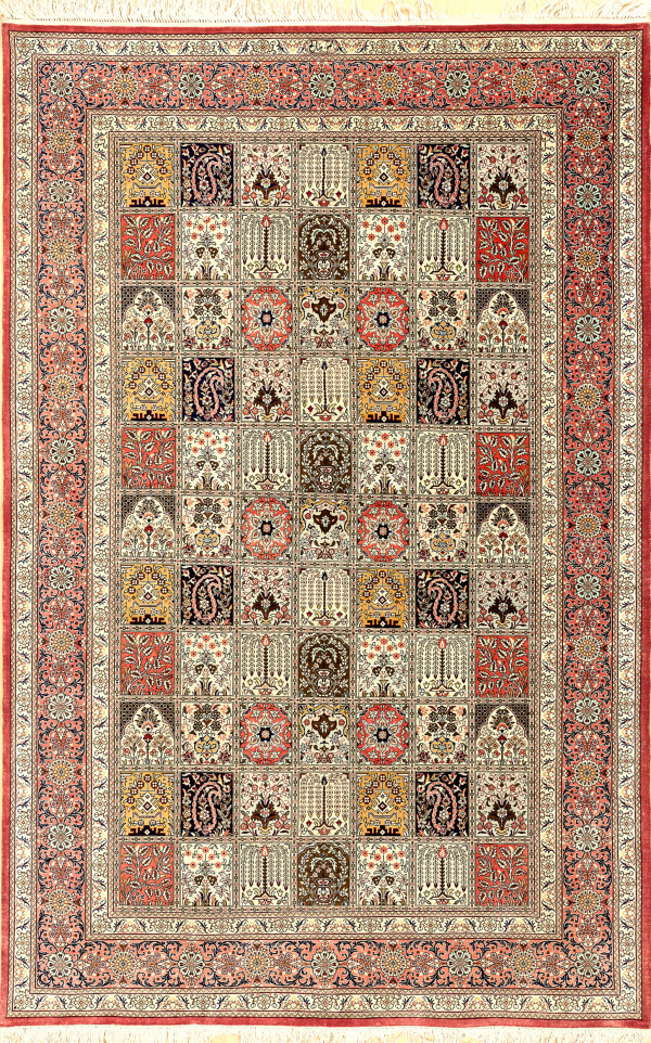 Pure Silk Persian Qum Rug - Panel design - Approx 2x1.5m (7x4ft) - Light colour complexion with dominant pink tones offsetting darker detailing