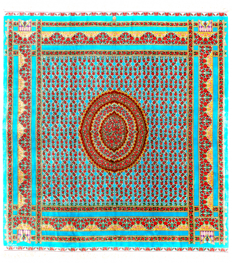 Fine Persian Qum Pure Silk Square Carpet Approx 2.5x2.5m (9x8ft) Central Medallion Light colour complexion with cornucopia of red roses set on light blue base