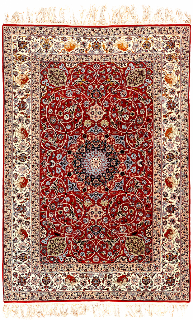 Persian Isfahan Silk and Wool Rug Approx 2x1.5m (7x5ft) Central Medallion Red Base