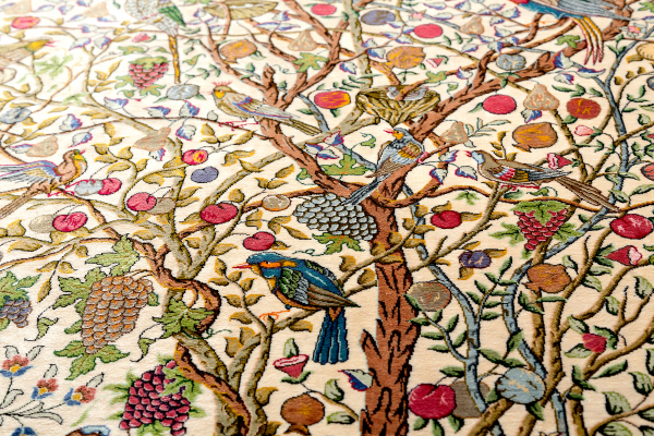 Fine Persian Qum Pure Silk Rug - Tree of Life - Approx 2.5x1.5m (8x4ft) Light complexion with array of colourful foliage and birdlife set against ivory base