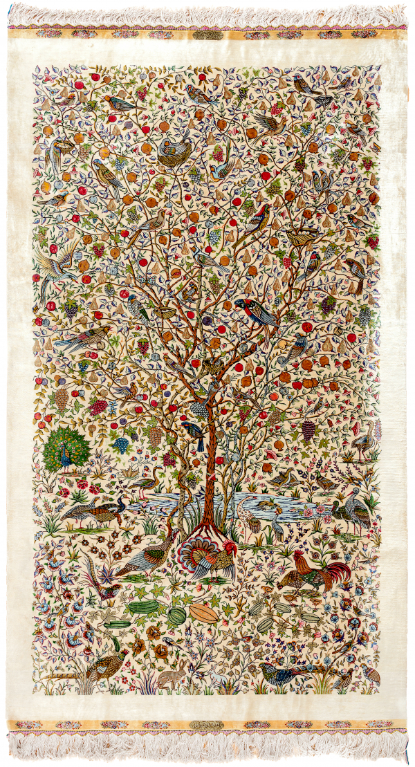 Fine Persian Qum Pure Silk Rug - Tree of Life - Approx 2.5x1.5m (8x4ft) Light complexion with array of colourful foliage and birdlife set against ivory base