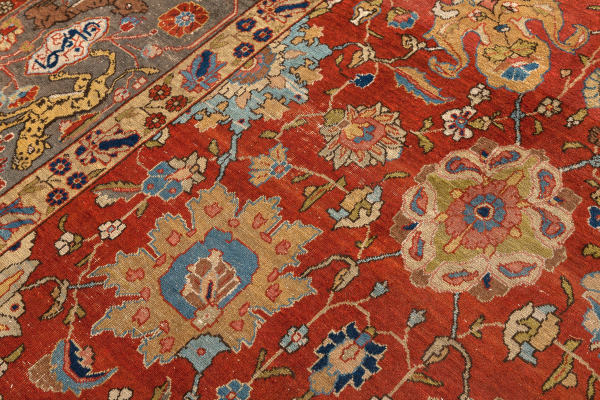Persian Isfahan Large Oversize - Wool - Allover Design - Approx 4.5x3m (15x10ft) Neutral complexion with cornucopia of coloured palmettes on red base 