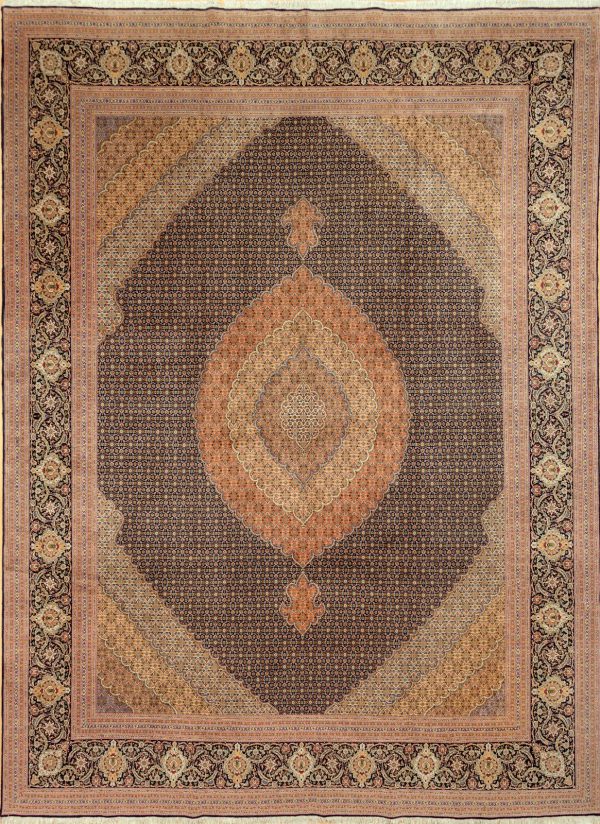 Persian Tabriz Silk and Wool Carpet - Central Medallion - Mahi Design - Neutral complexion with navy base and pink and yellow accent