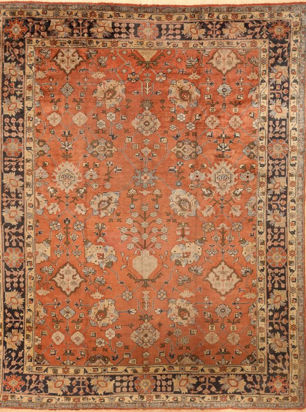Fine Ushak Oversize Carpet - Wool - Neutral complexion on orange base with navy border and ivory accents