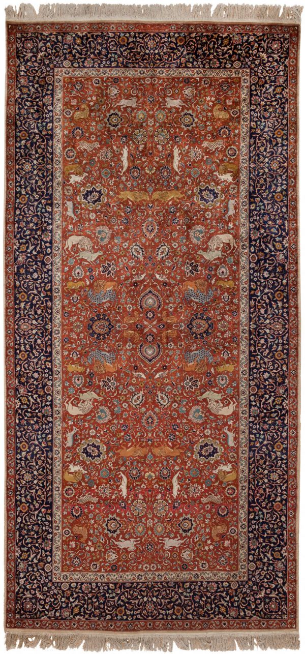 Fine Wool Runner Rug - Pakistan - Allover Design - Floral - Neutral complexion with red base and navy border