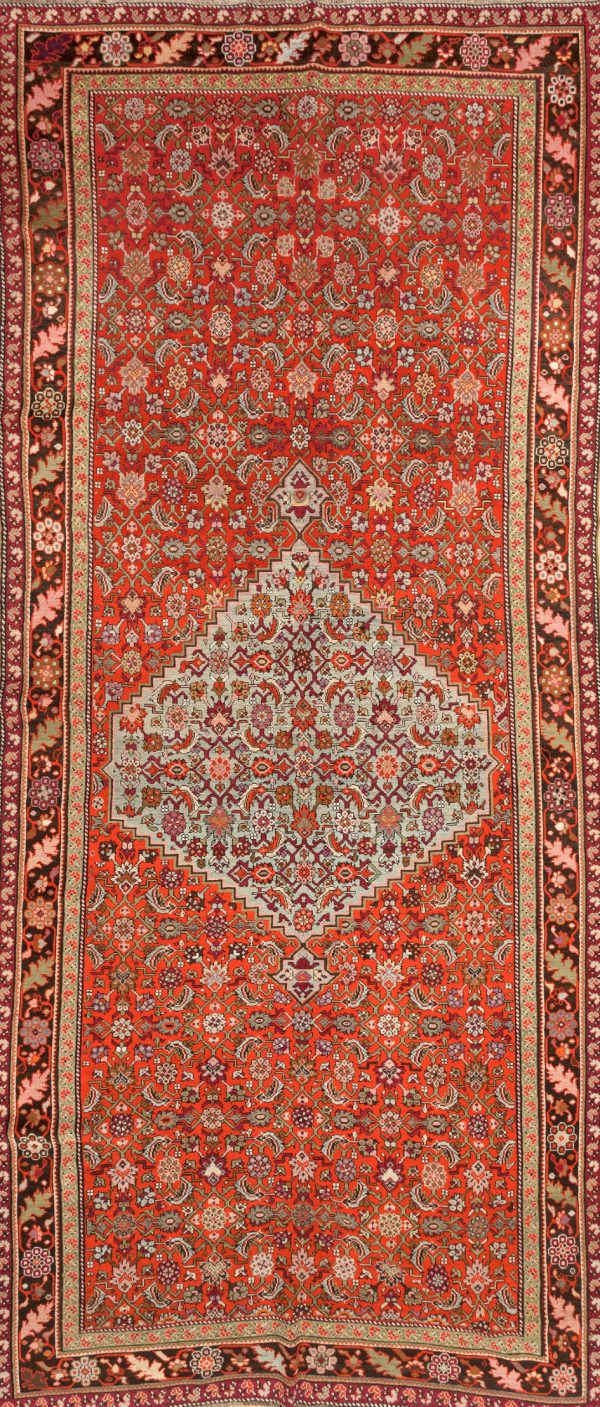 Large Russia Gallery Carpet - Wool - Approx 4.5x2m (15x6ft) - Central Medallion - Herati Design - Neutral complexion on red base